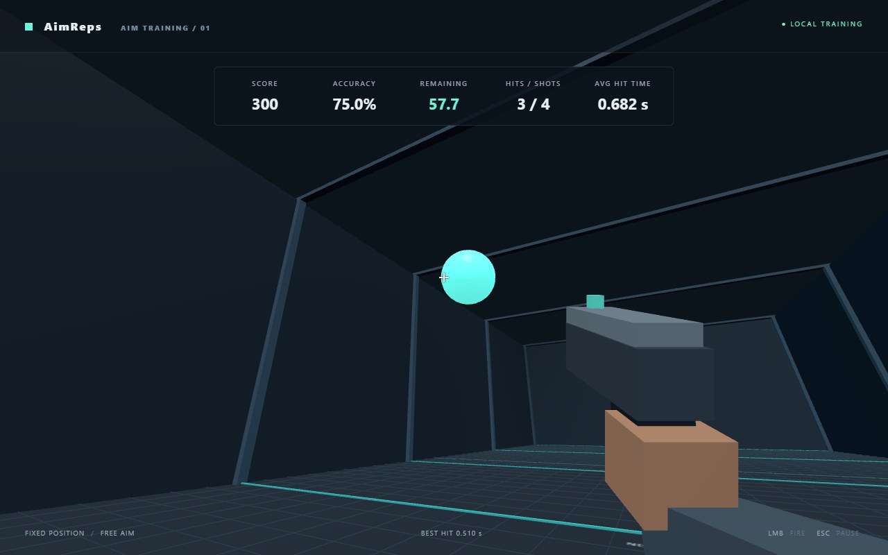 Actual AimReps gameplay showing a mint target, centered crosshair, pistol and session statistics in the 3D range